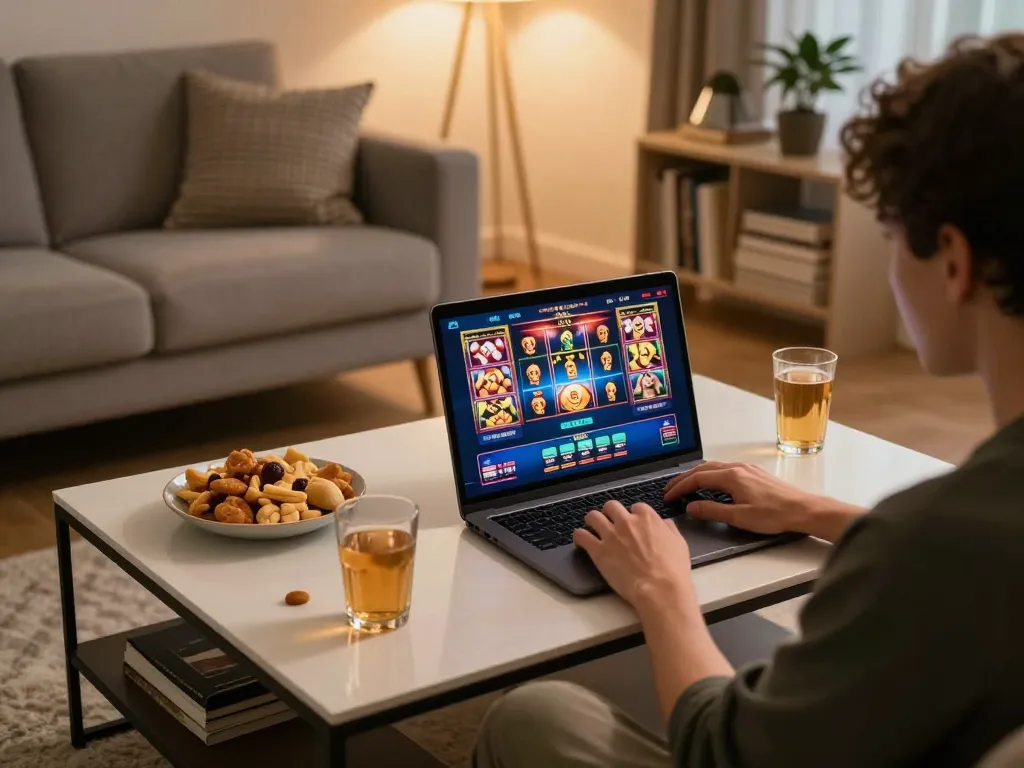 Person enjoying engaging online gaming experience with vt888 on laptop in cozy home setting.