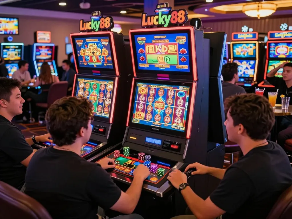 Lucky88 slot machines in a lively casino setting with players celebrating wins, vivid colors and neon lights.