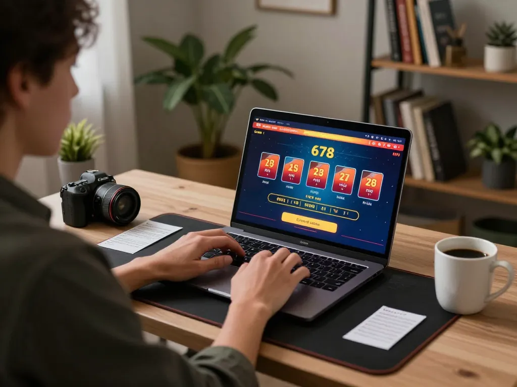 Engaging in online casino gaming on 678vip ne with a vibrant live dealer interface, in a cozy home setting.