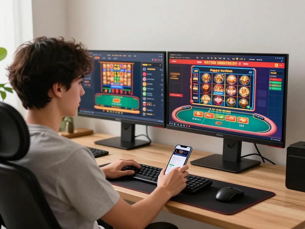 O8 online gaming setup with multiple screens showcasing casino games, reflecting a vibrant casino environment.