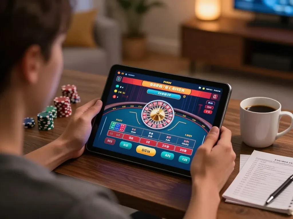 X88 player enjoying live dealer roulette on a tablet in a cozy home setting, blending entertainment with strategy.