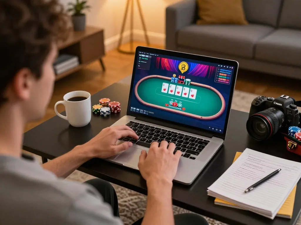 Player enjoying competitive poker at home with XX88 on screen, enhancing gaming strategy and comfort.