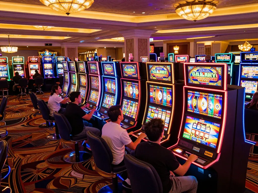 TR88 players enjoying vibrant slot machines with dynamic action in a lively Vegas casino.
