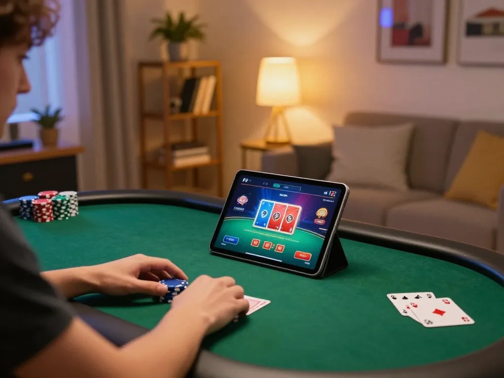 Engaging online gaming scene at 123B with player enjoying poker on tablet, showcasing vibrant atmosphere.