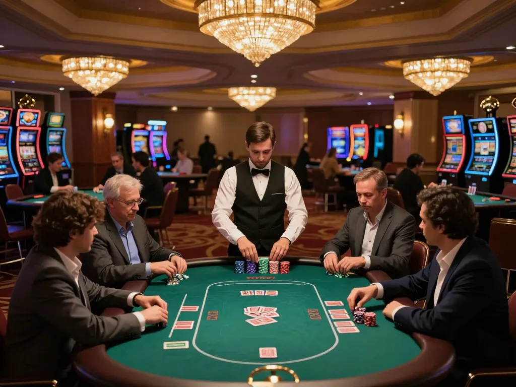 I9BET players engaging in a lively poker game at a luxurious casino with warm chandelier lighting.