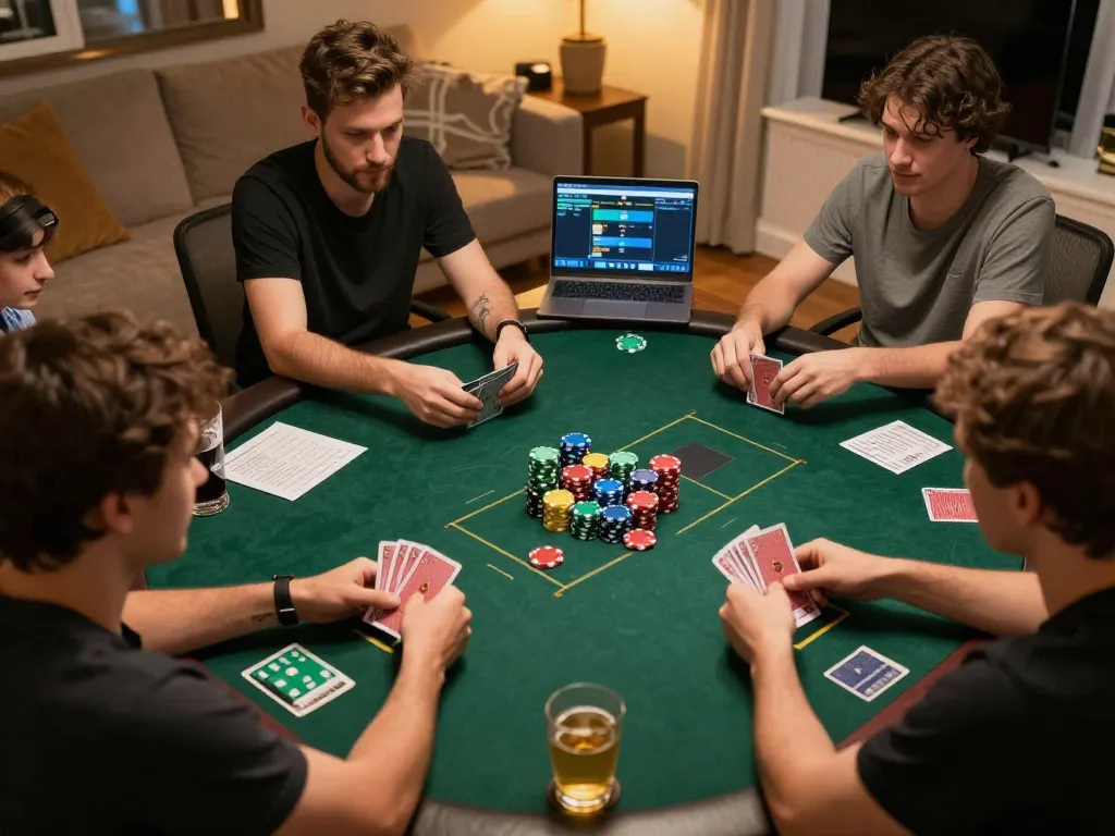 Players engage in strategic online poker gaming on LLwin, illuminated by warm ambient lighting in a cozy home setting.