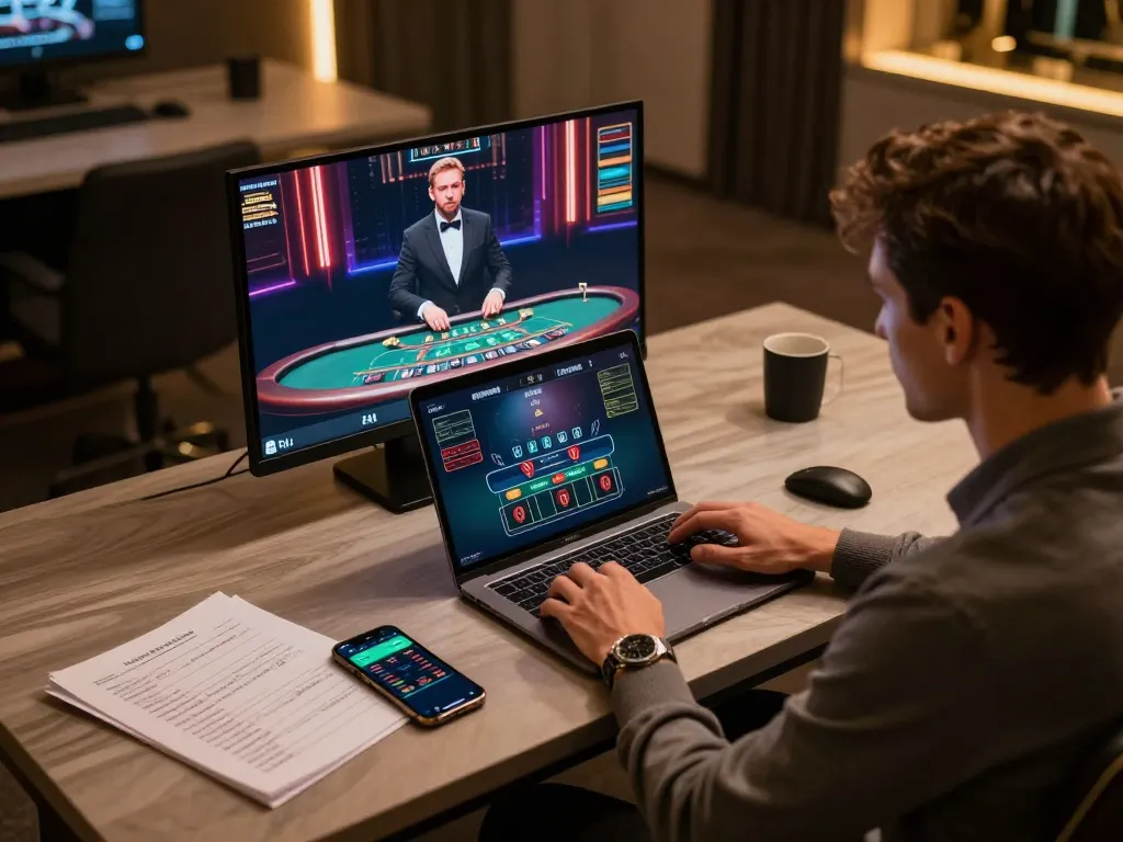 Engaged player at home using sin88 for strategic online blackjack.
