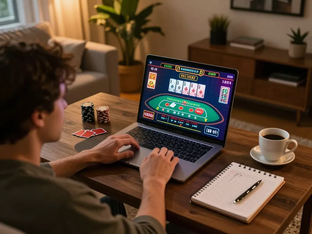 Engaging in online gambling with o8 on a laptop at home, depicting strategic gameplay.