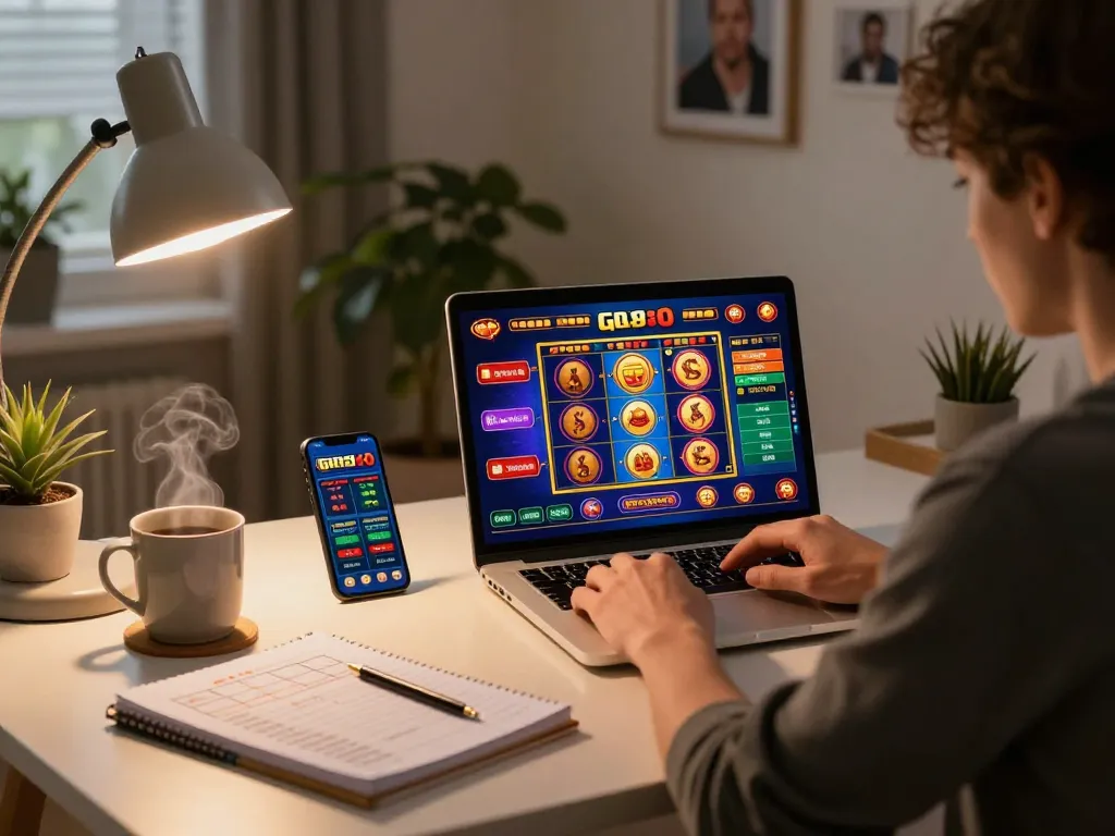 Engaged player exploring go8 casino on laptop, showcasing vibrant gaming interface and strategic notes.