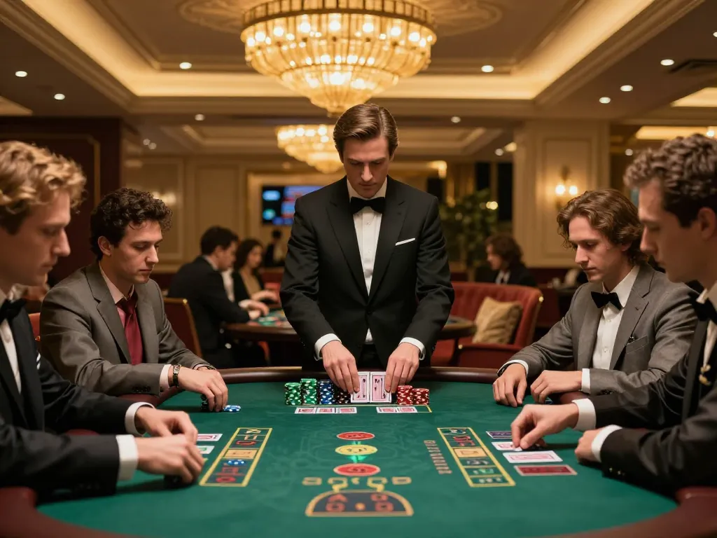 Players enjoying blackjack at a casino 888new table under warm ambient lighting