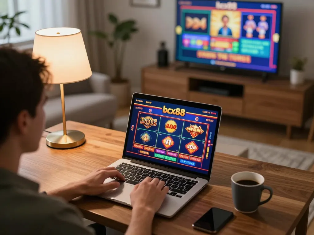 Engaging in various bcx88 online casino games at home, showcasing a laptop screen and cozy atmosphere.