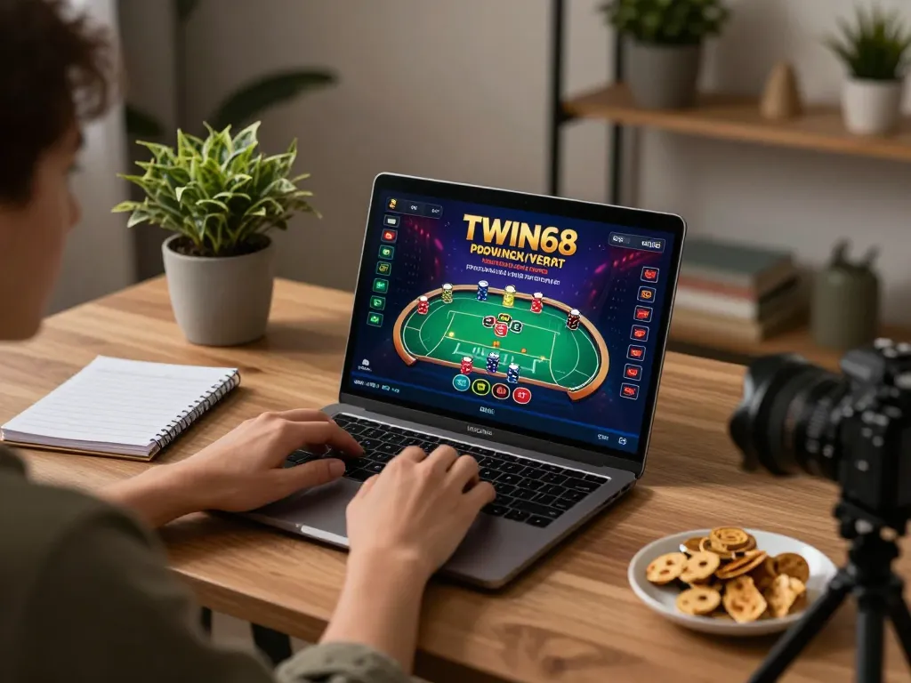 TWIN68 interface on laptop with a player engaging in online casino gaming in a cozy home setting.