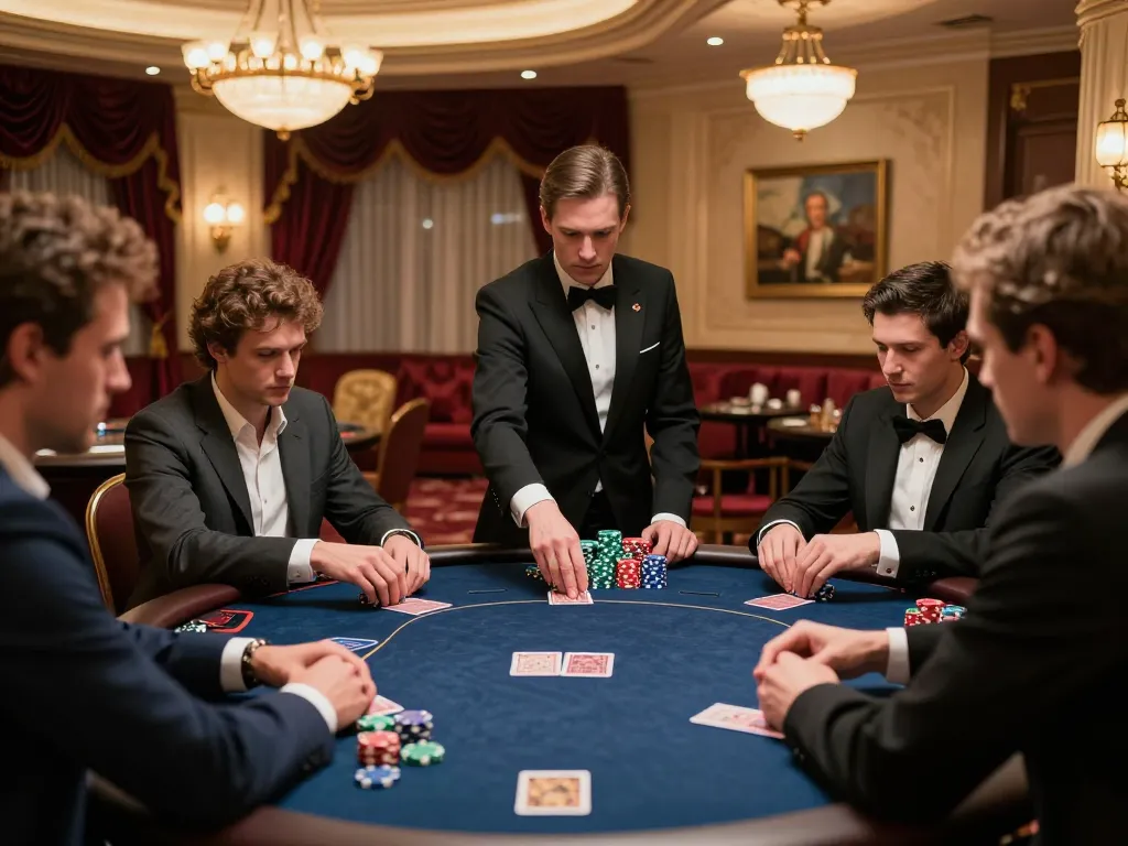 five88 poker players strategizing over elegant table in upscale casino.