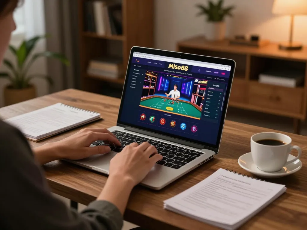 Miso88 player engaging with live dealer game on laptop at home, showcasing strategic gambling atmosphere