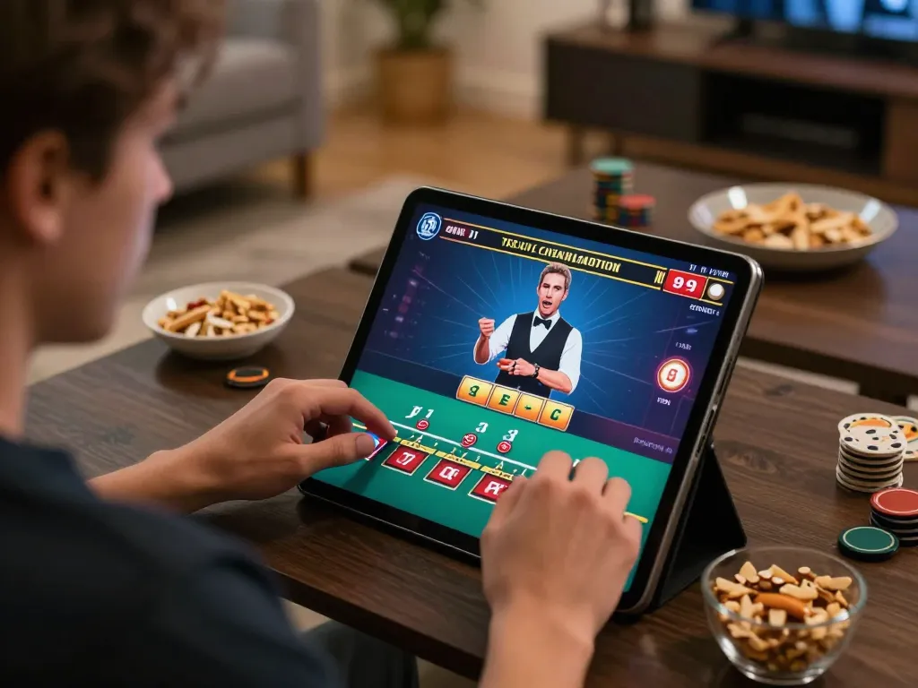 ta88 player enjoying blackjack online in a cozy home setting with snacks and a tablet