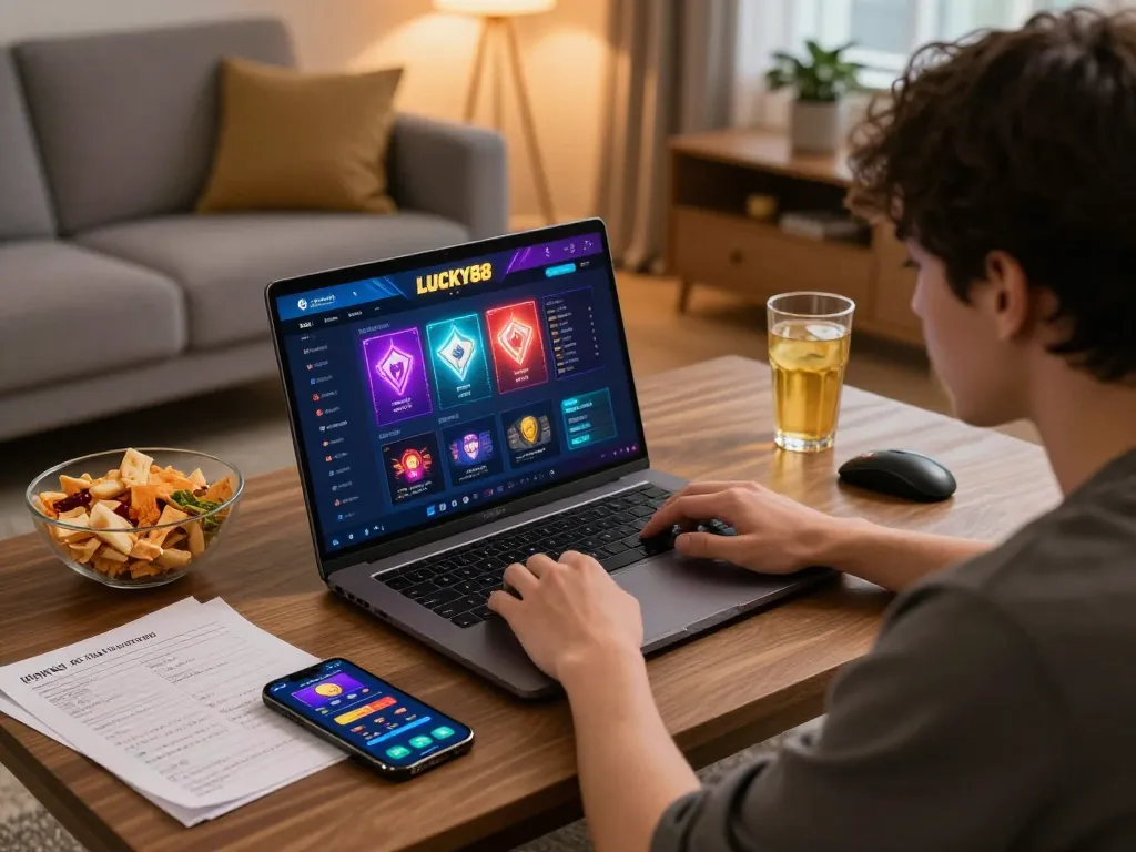 Engaging moment of LUCKY88 gaming with snacks and cozy ambience in a modern living room setup.