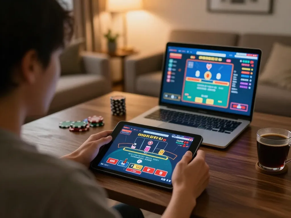 Engaging in strategic blackjack gameplay using open88 online casino, showcasing a cozy home setting and colorful game interface