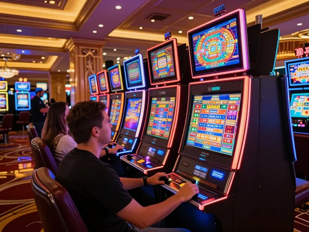 Red88 slot machines provide thrilling gameplay with vibrant lights and eager players, showcasing excitement.