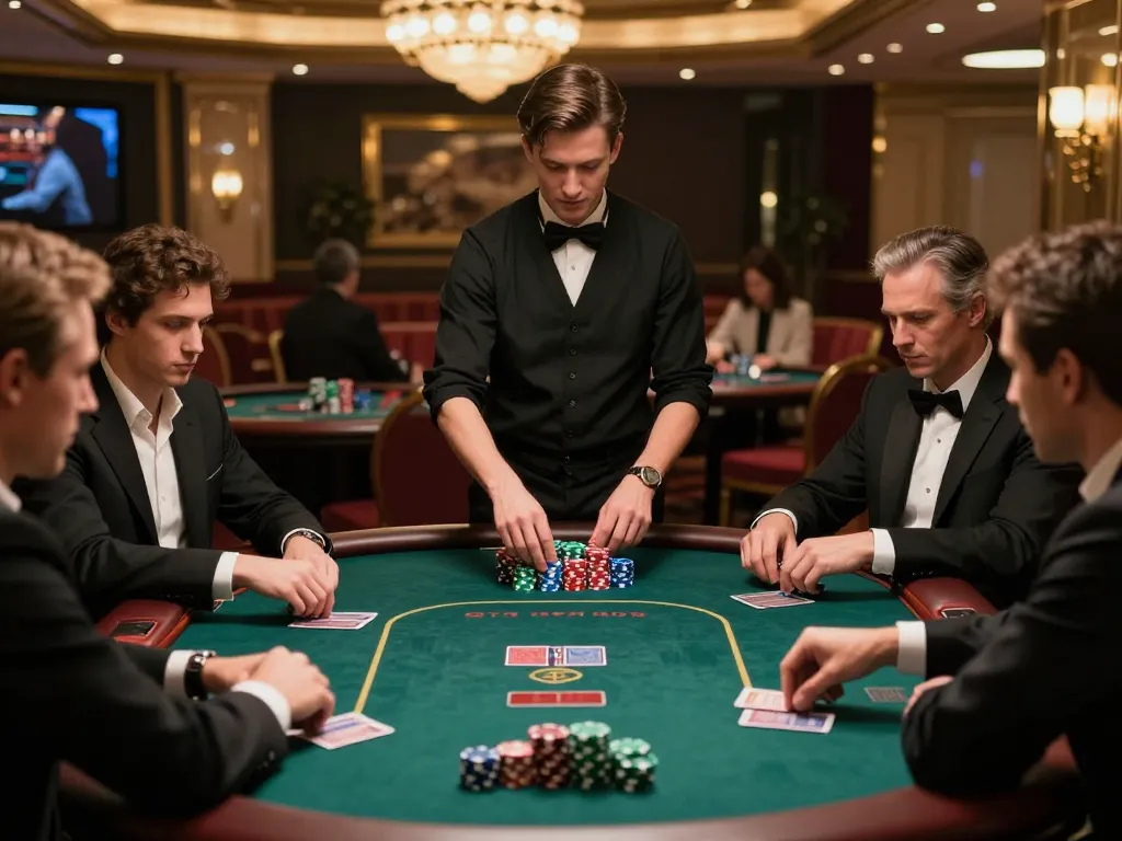 Players at JUN88 poker table strategizing during high-stakes game in elegant casino setting