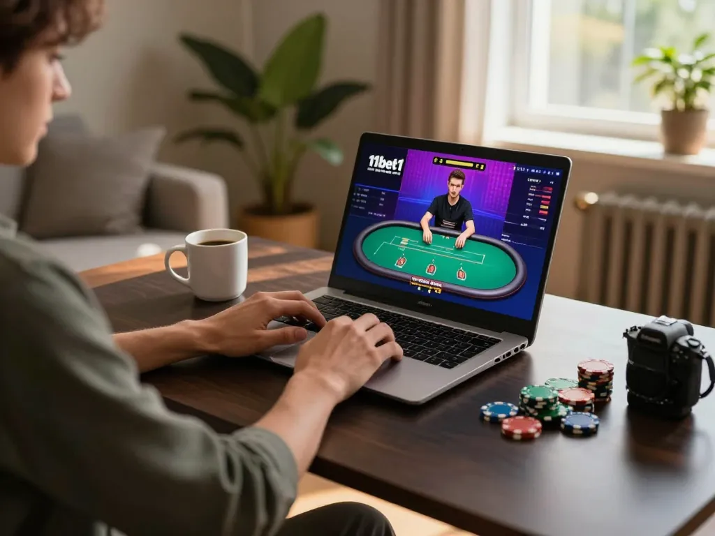 Engaging in strategic gameplay on 11bet1 while using a laptop at home with warm ambiance