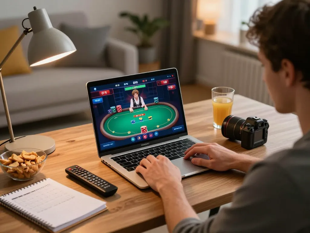 Player engaging with max88s online poker featuring strategic gameplay and a cozy home office setup