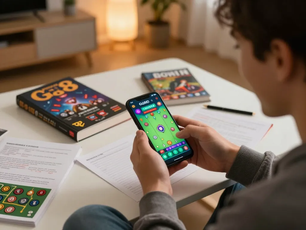 Engaging gaming session using the Go8 app on smartphone in a cozy home setting