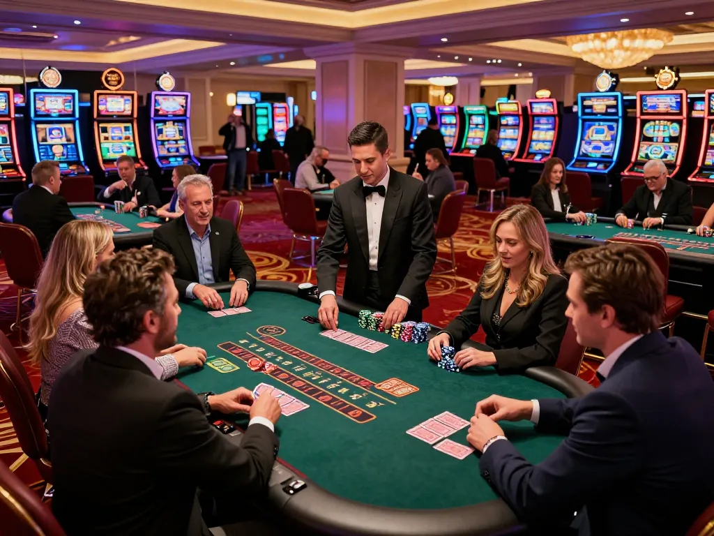 Hitclub blackjack action with players engaged at upscale casino tables and vibrant chips