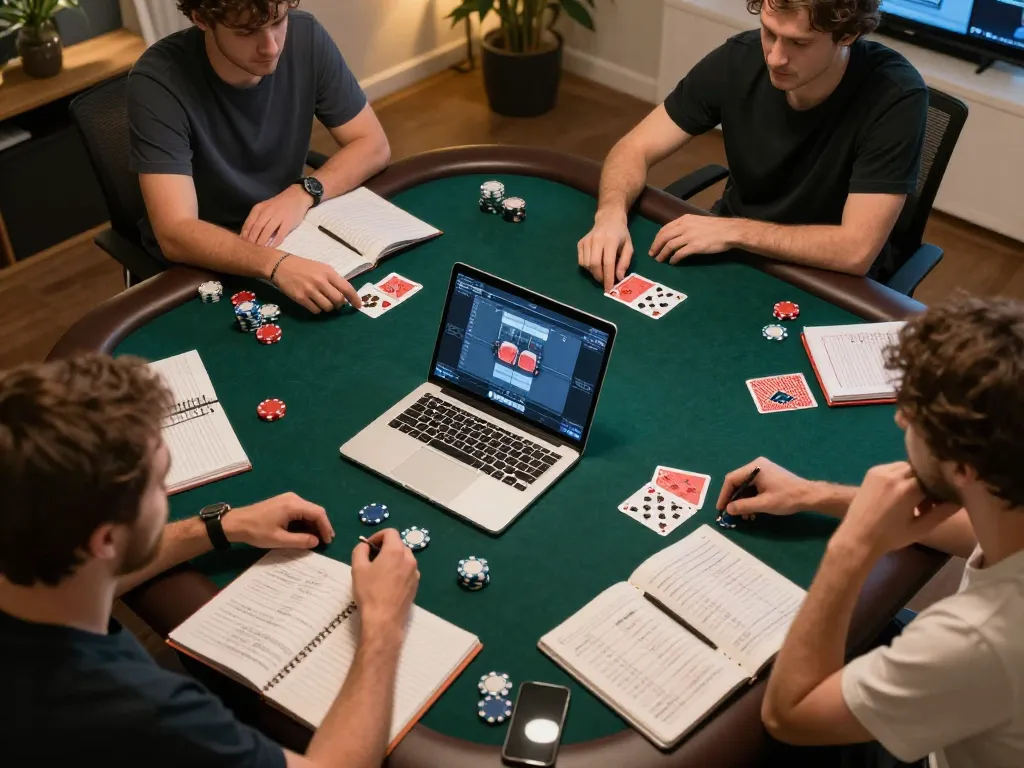 Engaging online poker session with KP88 players strategizing in a modern home setting
