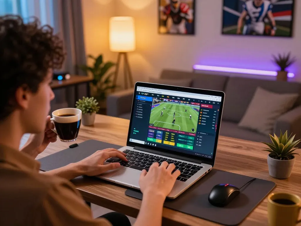 PHPVIP player strategizing sports betting on a laptop in a cozy home office setting