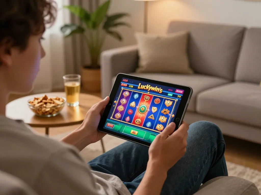 Enjoying Luckywin games on a tablet during a cozy home gaming session.