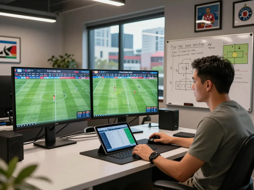Tỷ lệ kèo bóng đá expert analyzing stats in a modern sports office.