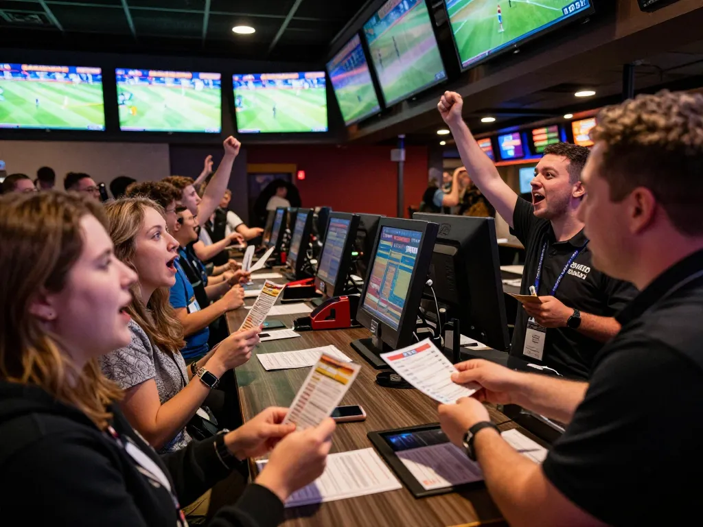 Excited bettors engaging in sports betting at TV 88 venue amidst a lively atmosphere
