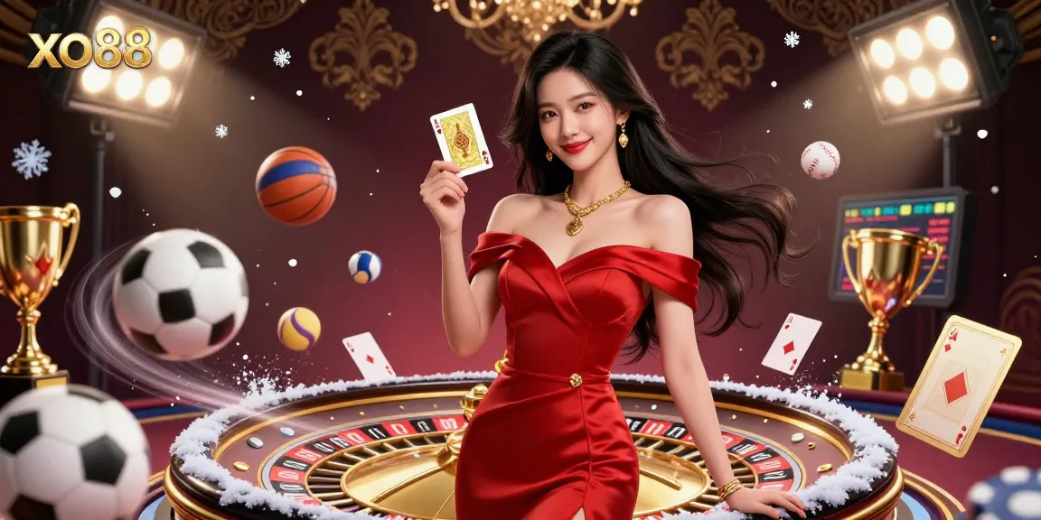 Experience excitement at xo88 with a glamorous dealer showcasing casino games and dynamic sports elements.