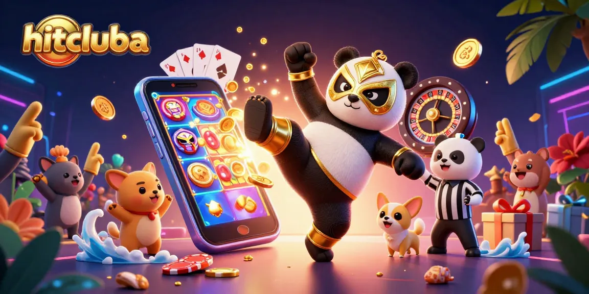 Hitcluba showcases an exciting scene with a panda wrestler and a chihuahua referee amidst vibrant casino-themed elements.