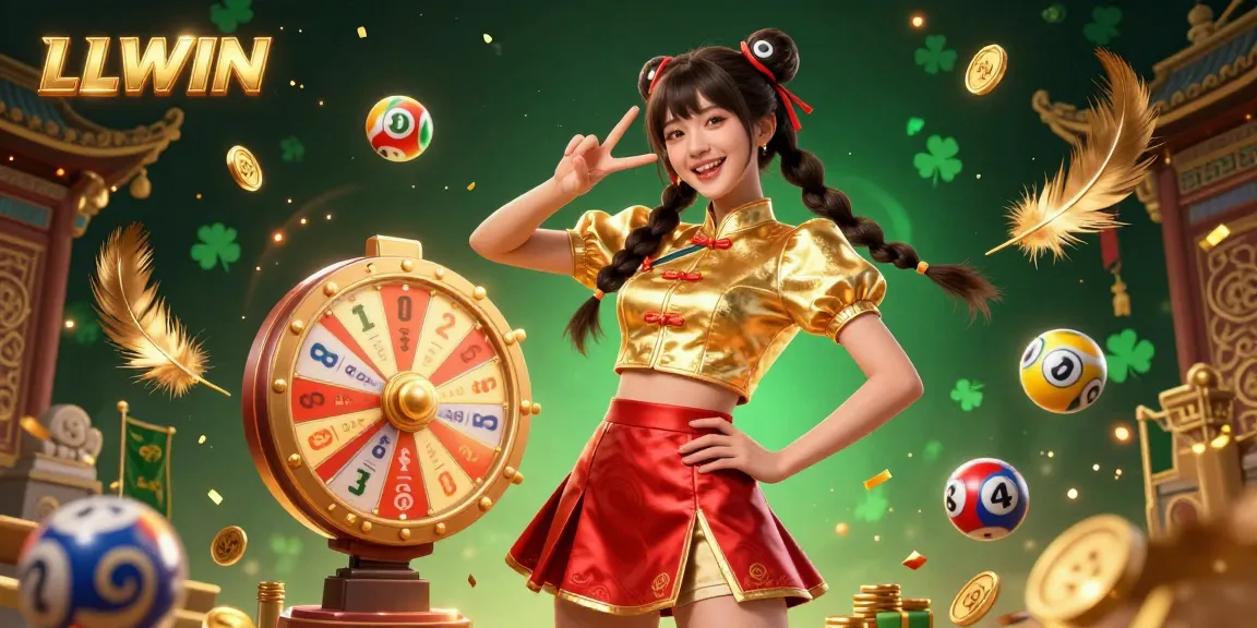 Experience the thrill of LLWIN with a vibrant 3D illustration celebrating casino games and lottery excitement.
