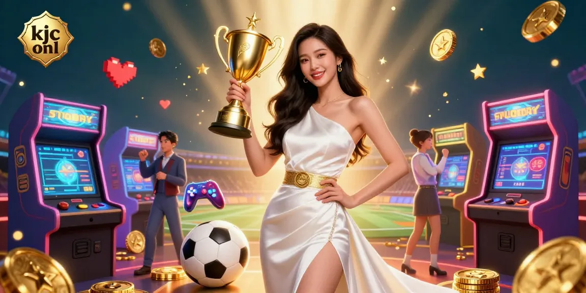 Engage with kjc onl through a vibrant 3D casino scene showcasing a confident Asian woman celebrating sports victories with gaming elements and a warm backdrop.