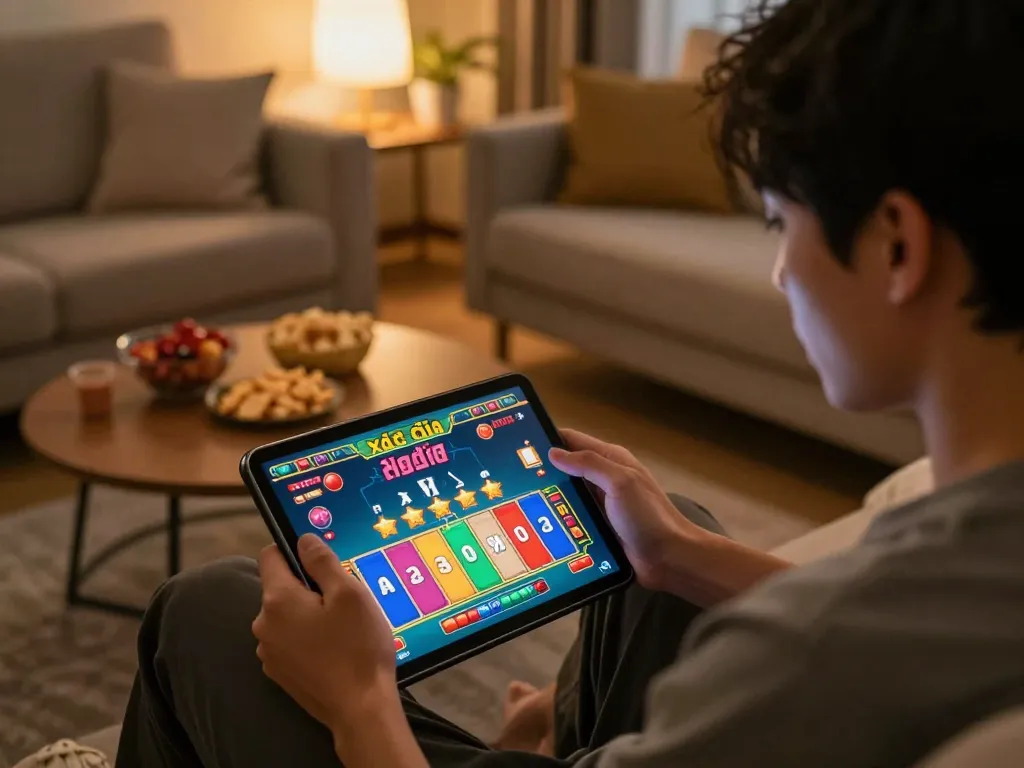 Xóc đĩa online gameplay showcasing a player engaged with vibrant graphics and betting options on a tablet in a cozy home setting.