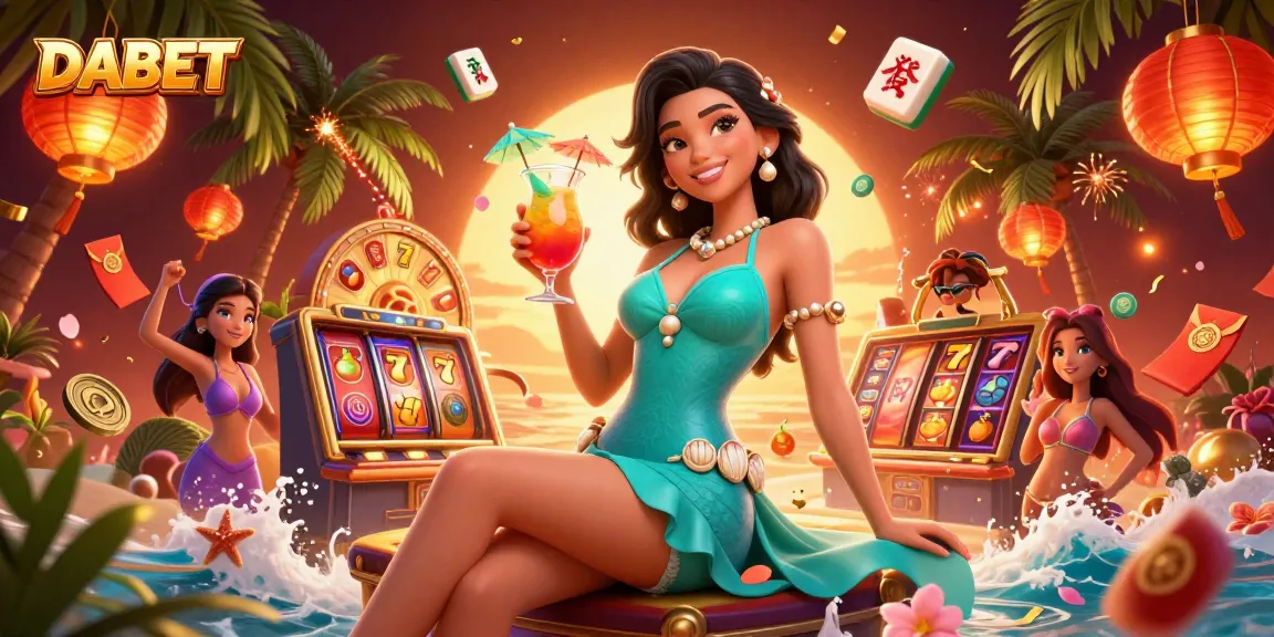 DABET showcases a vibrant casino scene with a glamorous character and dynamic slot game elements for immersive play.