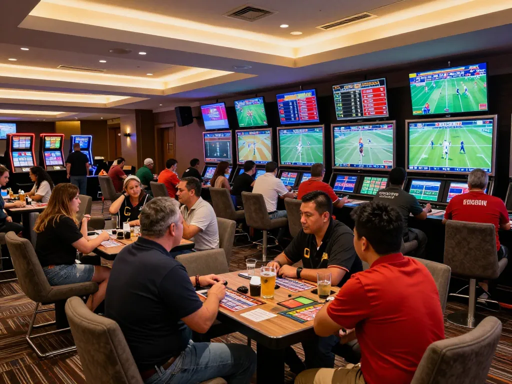 Engaged bettors analyzing kèo nhà cái odds in a lively sports betting lounge during live games