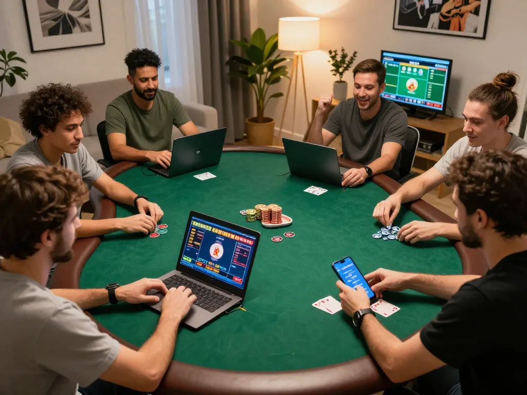 LODE 88 players celebrating wins in a cozy home gaming setup, showcasing online casino excitement.