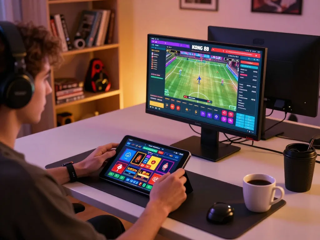 KONG 88 live betting on a tablet during a sports event, showcasing exciting betting interface and home gaming environment
