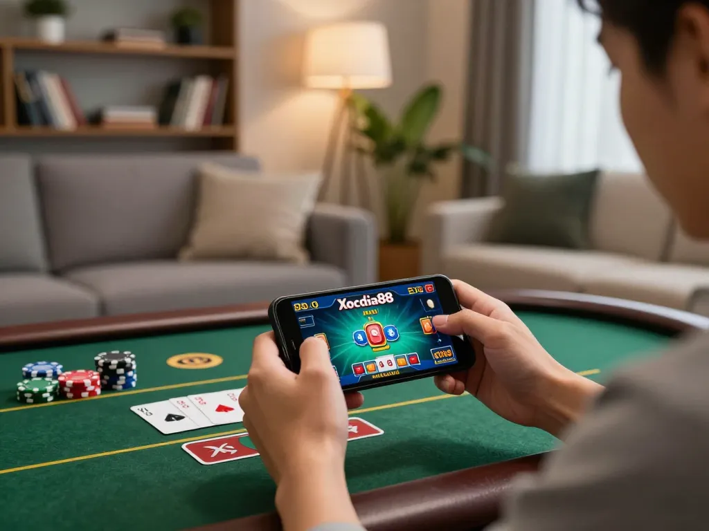 Xocdia88 player engaging in online casino gameplay on smartphone in cozy home setting.