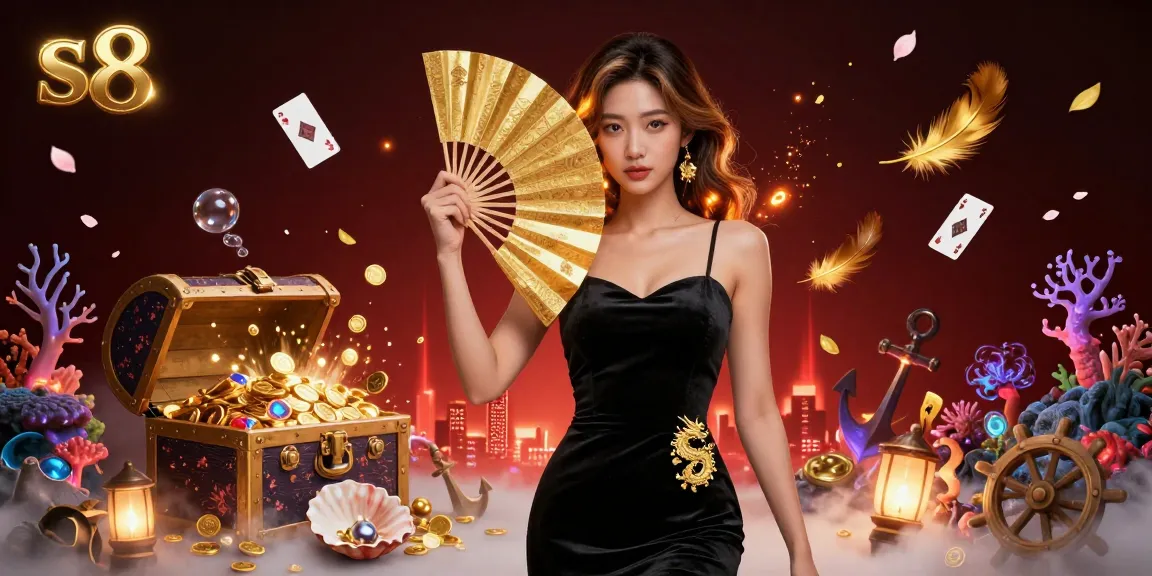 S8 casino illustration showcases a captivating Asian woman and underwater treasures for immersive gaming.