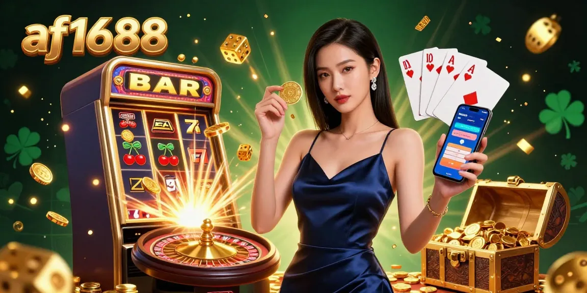 Experience the thrill of the af1688 casino scene with an Asian woman showcasing a jackpot moment amid vibrant gaming elements.