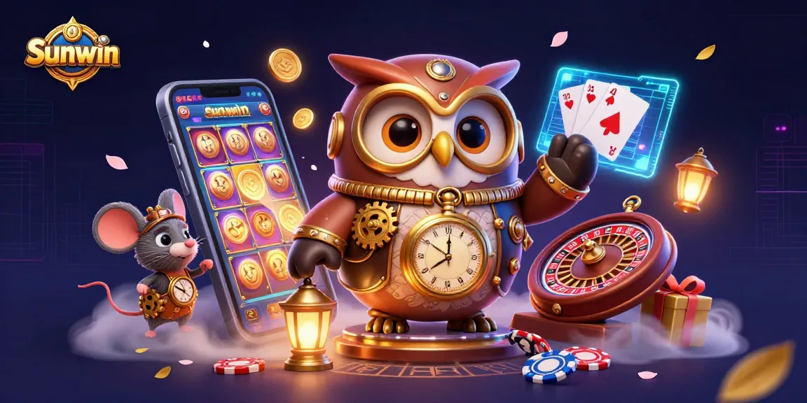 Experience thrilling wins with Sunwin's vibrant casino illustration featuring an owl and casino elements.