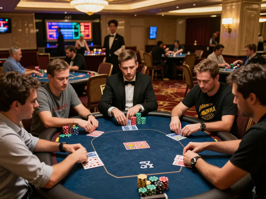 Engaging players at go99 poker table in upscale casino setting, focused gameplay and intense emotions