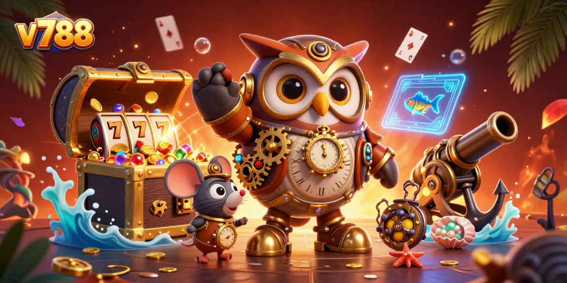 Engage with v788's thrilling casino adventure featuring steampunk characters and vibrant gaming elements.