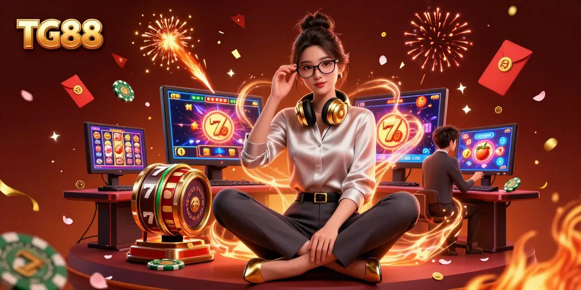 Experience the thrill of TG88 casino online with a vibrant digital scene featuring slot reels and golden confetti.