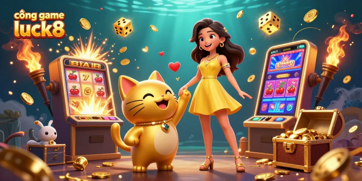 Experience excitement with cổng game luck8, featuring a joyful woman and lucky cat in a vibrant casino setting.