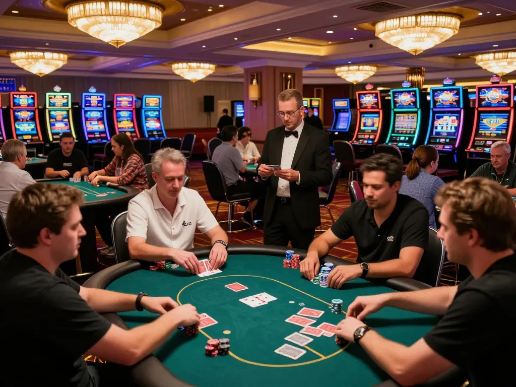 Xoilac's poker night with players competing at the tables in a vibrant casino